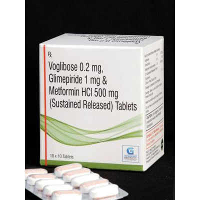Voglibose 0.2 mg,Glimipride 1mg & Metformin HCI 500mg (SR) Tab